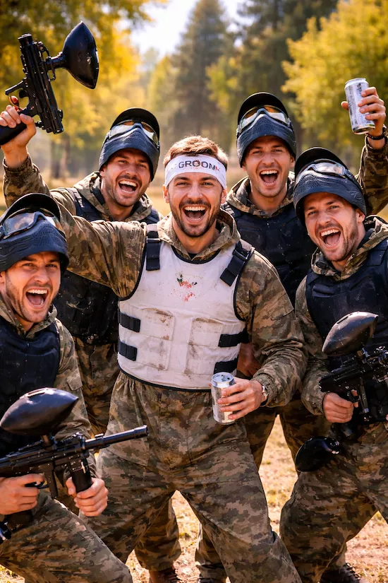 Svensexa med vänner under en planerad aktivitet – paintballspel i skogsmiljö med skratt, kamratskap och fokus på minnesvärd upplevelse.